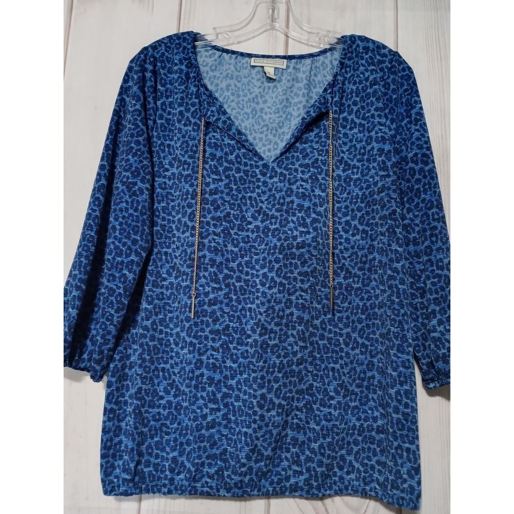 Dana Buchman Blue Leopard Print‎ V-Neck Top Gold Chain Tassels Small